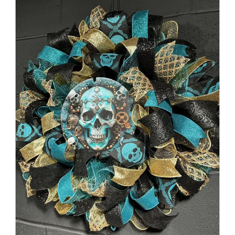 Handmade Halloween Wreath Teal Blue & Gold Steampunk Skull 24 Inch Deco Mesh